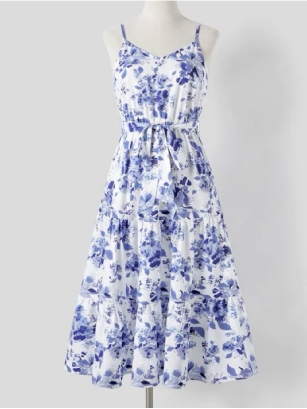 Patpat Women Blue Floral Spaghetti Strap Belted Waist Maxi Dress, Size XL